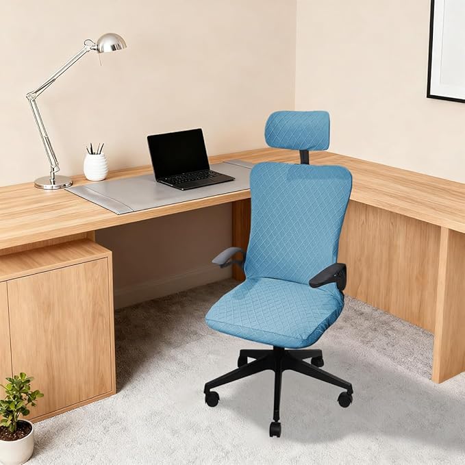 Ergonomic Office Chair Covers Set with Headrest Cover Stretch Desk Computer Chair and Headrest Slipcovers Washable Protector Slipcovers for Swivel Computer Chair 2 Pieces Azure