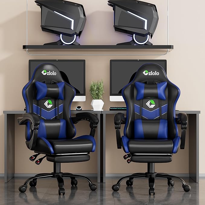 Czlolo Gaming Chair with Footrest Racing Style Lumbar Support Massager Video Game Chair with Metal Legs, High Back Gamer Chair with Headrest, 360° Swivel Office Computer Desk Chair, Bright Blue