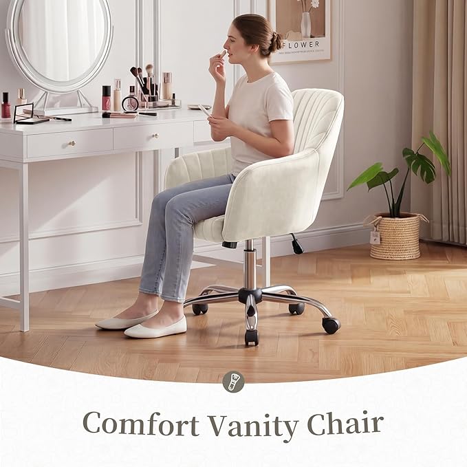 Warmiehomy Velvet Desk Chair for Home Office, Modern Adjustable Swivel Task Chair, Women Vanity Chairs with Arm Rest for Bedroom Dressing Room, Cozy Beige