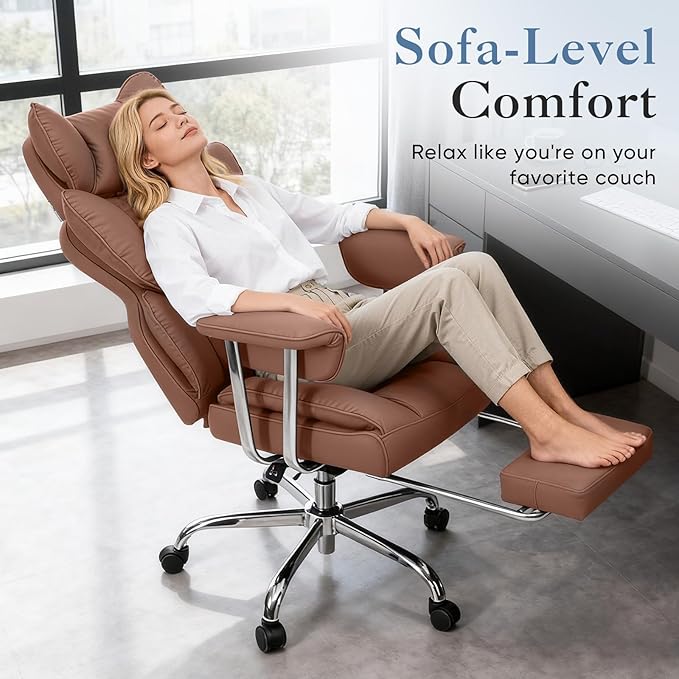 DUMOS Big and Tall Office Chair 350 LBS, Scratch-Resistant PU Leather Executive Office Desk Chair with Footrest, Ergonomic Reclining Computer Chair with Pocket Spring Support for Home Office, Brown