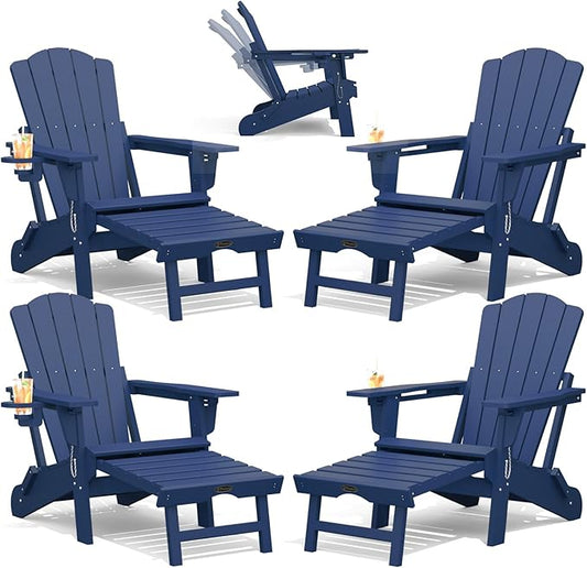 THOEOE Adjustable Adirondack Chair with Retractable Ottoman, HDEP Folding Adirondack Chairs with Footrest 2-in-1 Cup Holder, All Weather Outoor Fire Pit Chair with Foot Rest Set 4 Navy Blue