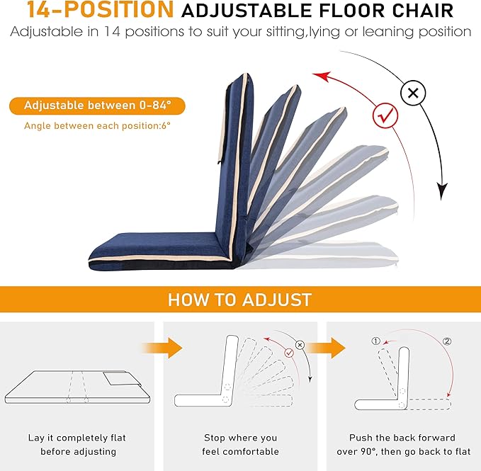 FASTMOMENT 14-Position Adjustable Floor Chair with Back Support - Portable Gound Seating for Adults & Kids, Foldable Meditation Chair with Japanese KOYO Bearings & Washable Linen Cover (Blue)