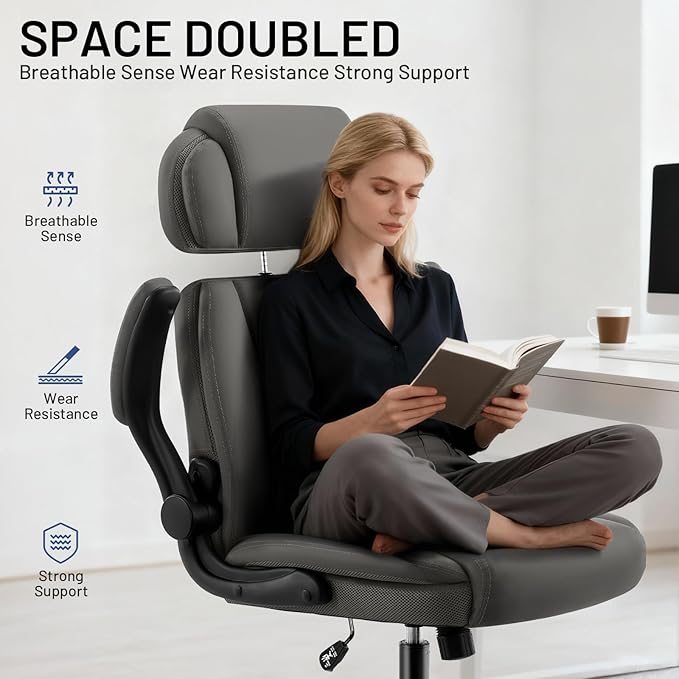 AreShark Ergonomic Office Chair with Lumbar Support, 400lbs Heavy Duty Big and Tall Executive Desk Chair, PU Leather High Back Computer Chair with Flip-Up Arms & Adjustable Headrest, Gray