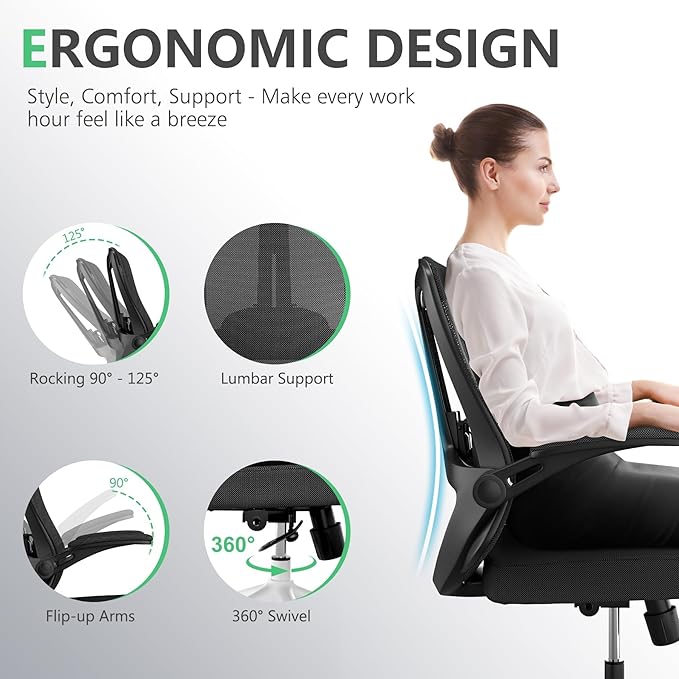 300 LBS Ergonomic Office Computer Mesh Chair - Adjustable Height Rolling Desk Chair with Flip-Up Armrests & High Back Support - Comfortable Swivel Task Chair for Home Office