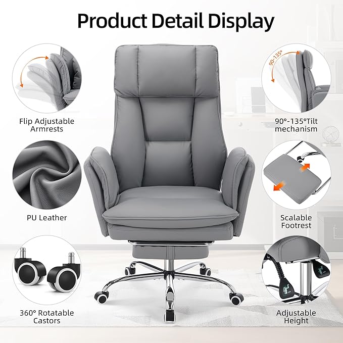 TonghuaS Criss Cross Office Desk Chair with Foot Rest and Flip Armrests for Pets Friendly & Extra Space, Comfortable Ergonomic Reclining Gaming Computer Chair with Lumbar Pillow(Faux Leather Grey)
