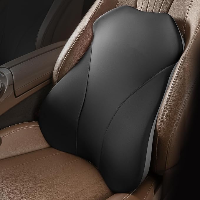 Lumbar Support Pillow for Car, Memory Foam Back Cushion for Driving Seat, Truck Accessories Travel Essentials, Back Pain Relief, Washable Cover, Plus Size Lower Back Support Fits Most Cars (Black)