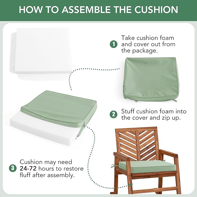 Outdoor Chair Cushions Set of 2: Waterproof & Color Fastness Seat Cushion for Patio Furniture - 22 x 22 x 3 Inch Chair Pads with Ties and Hidden Zipper - Patio Chair Cushion Replacement, Sage Green