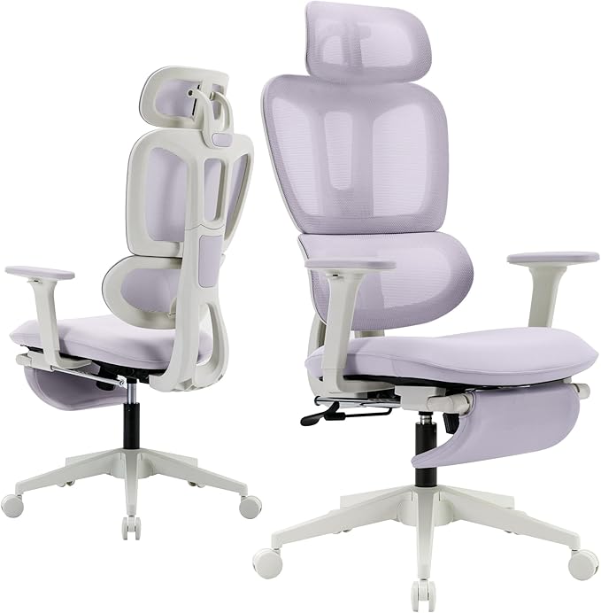 Ergonomic Office Chair with Footrest, High Back Computer Office Chair with Dynamic Lumbar Support, 2D Headrest, 2D Armrest, Sponge Seat, Mesh Home Office Desk Chair for Adults, Purple