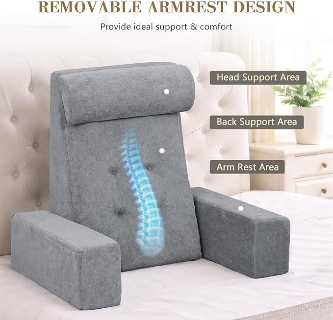 Bed Pillow for Sitting Up in Bed, 25” Ergonomic Reading Pillow with Adjustable Headrest & Arms, Dual Layer Memory Foam Back Pillow, Soft Plush Cover, Back Rest for Reading, TV, Gaming Dark Grey