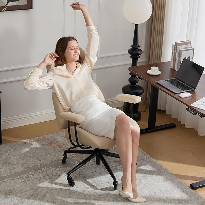 Office Chair, Ergonomic Computer Chair with Adjustable Headrest and Lumbar Support, Executive Leather Chair with Padded Arms, High Back Desk Chairs for Long Hours Sitting,Beige