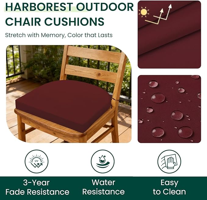 HARBOREST Outdoor Chair Cushions Set of 2, Water Resistant Patio Chair Cushions with Ties, Outdoor Seat Cushions for Patio Furniture, 17"x16"x2", Burgundy