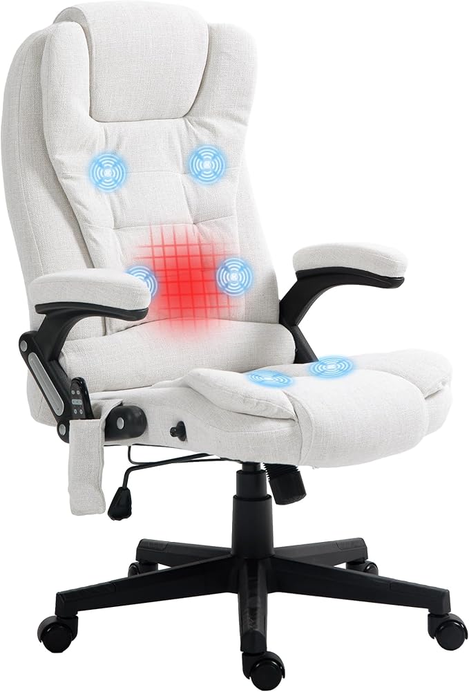 Vinsetto 6 Point Vibrating Massage Office Chair with Heat, Linen High Back Executive Office Chair with Reclining Backrest, Padded Armrests and Remote, Cream White
