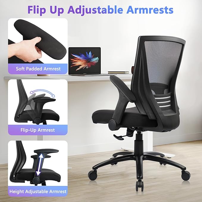 CLATINA Big and Tall Office Chair Heavy Duty Ergonomic Desk Chair 500lbs with Flip-up Arms & Wide Thick Seat Cushion Home Executive Swivel Mesh Chair for Study, Conference, Black, 4 PK