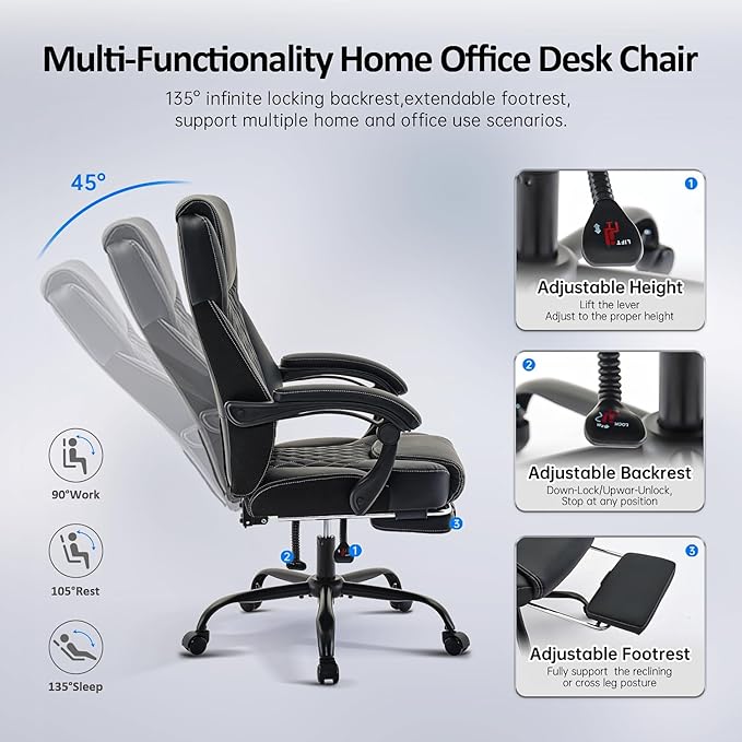 amseatec Office Chair, Big and Tall Office Chair with Foot Rest Ergonomic Chair for Home Desk, Reclining High Back Leather Chairs with Lumbar Support(Black)