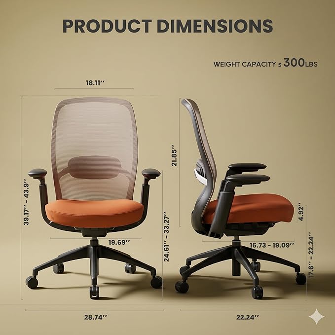 COLAMY Office Chair Set of 2, Easy Wire-Control Desk Chair with Sliding Seat Depth & Thick Padded Lumbar Support, Heavy Duty 300 LBS High Back Mesh Computer Chair for Home Workstation,Orange