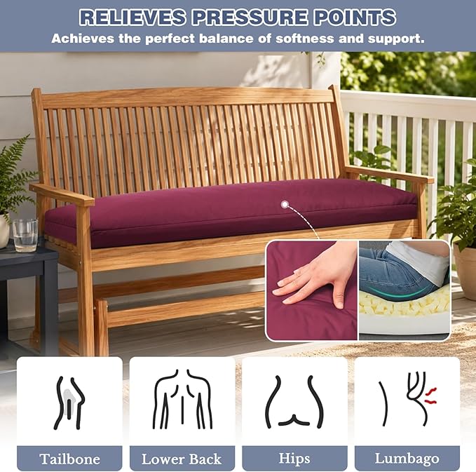baibu 45Inch Outdoor Bench Cushion Waterproof, Bench Cushions for Outdoor Furniture, Dual-Layer Memory Foam atio Furniture Cushions, Porch Swing Seat Pad with Washable Cover & Ties, 45x16x3.5, Red