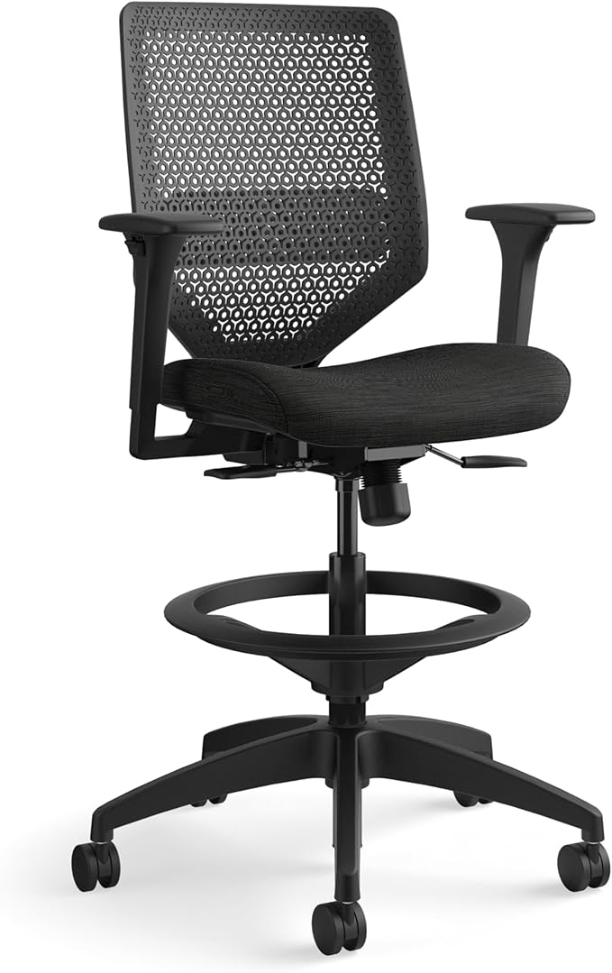 HON Solve Standing Desk Chair with Breathable ReActiv Mesh Back, Adjustable Lumbar Support and Footring, Ergonomic Task Stool with Height Adjustable Arms for Sit‑Stand Workstations, Black
