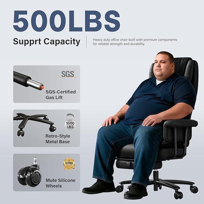 Executive Office Chair Big and Tall 500LBS, 165° Reclining Office Chair with Footrest, Leather Desk Chair with Quiet Rubber Wheels, Height Adjustable, Padded Arms, Black