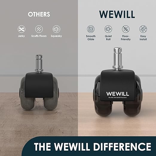 WEWILL Office Chair Wheels, Rubber Replacement Caster Heavy Duty Wheels for Computer Desk Chair to Replace Office Chair mats, Protect Hardwood Floors and Carpet, Set of 5 Black