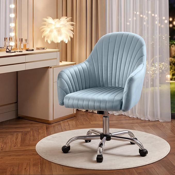 Warmiehomy Velvet Desk Chair for Home Office, Girls' Vanity Chairs with Arm Rest, Office Chair with Wheels, Computer Chair for Room, Velvet Dusk Blue