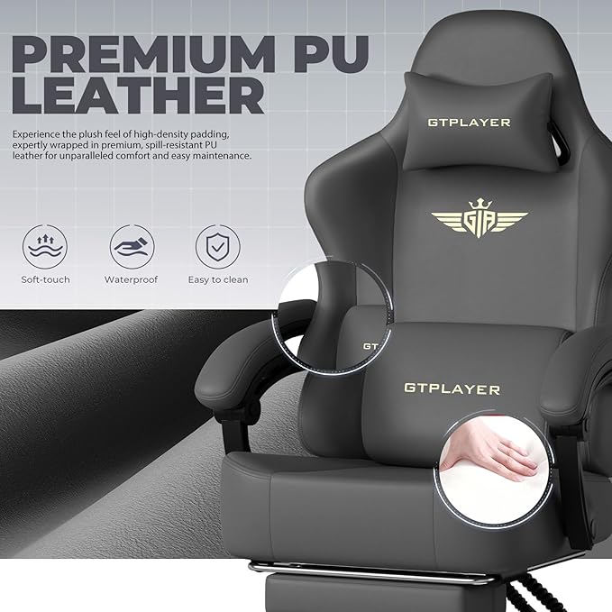 GTPLAYER Gaming Chair with Pocket Spring Cushion, Big and Tall Gamings Chairs 350LBS High Back Computer Chair with Footrest for Adults Lumbar Support Swivel Game Chair for Office, Leather Grey