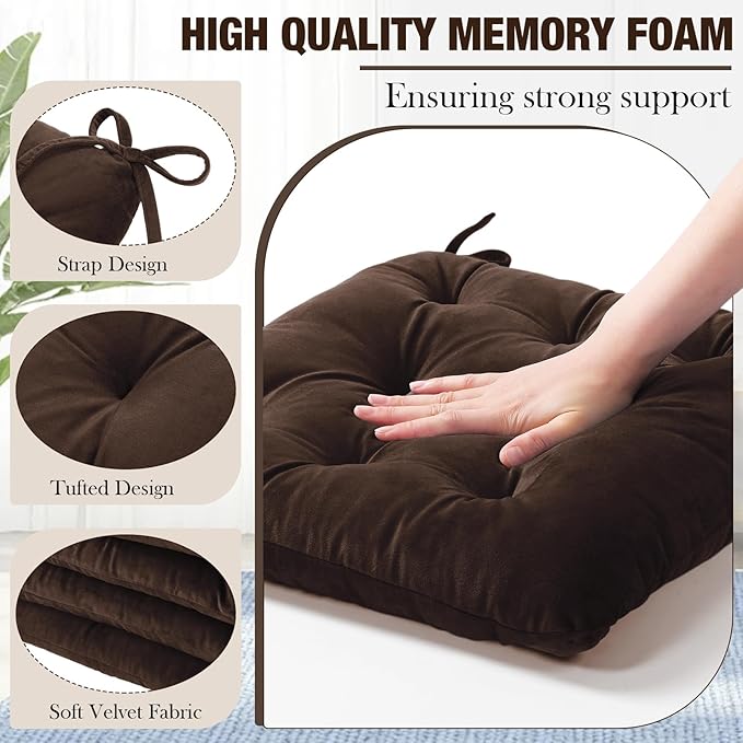 Nuanchu Memory Foam Chair Cushions Set of 4, Thick Indoor Seat Cushions for Dining Chairs Tufted Seat Pads for Kitchen, Dining Room, Office,(Dark Brown,16.5"x16.5"x4")