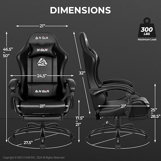 N-GEN GAMING Video Gaming Chair with Footrest Lumbar Support for Home Office High Back Recliner Height Adjustable Ergonomic Comfy Leather Computer Desk Chair (Carbon Black)