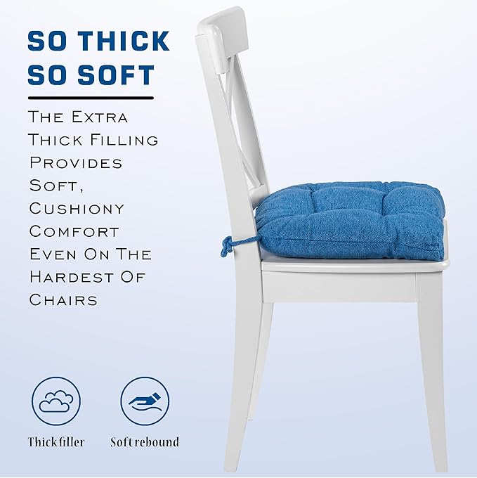 SQUARE MOON D-Shaped 3" Thick Chair Cushions, Chair Pads for Dining Chairs and Kitchen Chairs, Indoor Dining Room Seat Cushions with Ties, Machine Washable, 17" x 16" x 3", 4/Pack, Blue