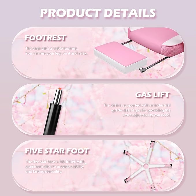 LEMBERI Pink Gaming Chair with footrest, Kawaii Cute Pink Gamer Chair for Girl,Girls Video Game Chairs,Computer Gaming Chair with Headrest and Lumbar Support