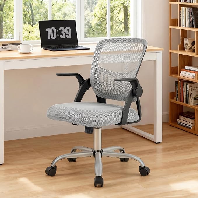 Sweetcrispy Home Office Managerial Executive Chair, Ergonomic Mesh Adjustable Swivel Mid-Back Computer Desk Chair with Comfortable Lumbar Support, Comfy Arms for Bedroom,Study,Blak&Grey
