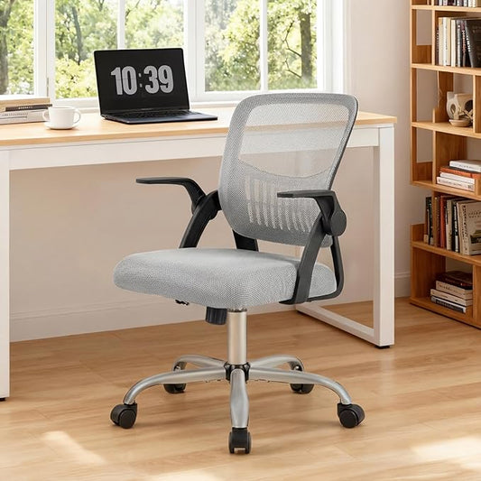 Sweetcrispy Home Office Managerial Executive Chair, Flip Up Armrest Ergonomic Mesh Adjustable Swivel Mid-Back Computer Desk Chair with Comfortable Lumbar Support, Comfy Arms for Bedroom,Study