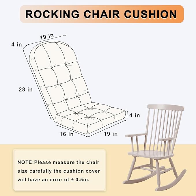 Rocking Chair Cushion - Chenille Fabric, High-Density Sponge, Durable Comfort Non-Slip Bottom Tufted Seat Pads with Ties, Chenille︱White, 44x19x4 inch