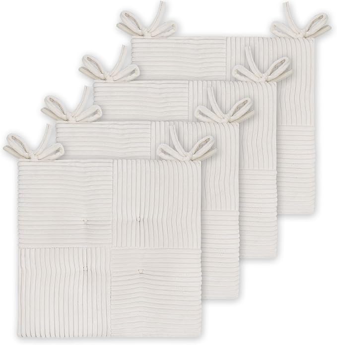 Office Stacking Chair Cushions 4 Pack, Corduroy High Density Foam Kitchen Seat Cushions with Ties, Square 17" x 17" Indoor Non-Slip Dining Chair Pads, White, 4pcs