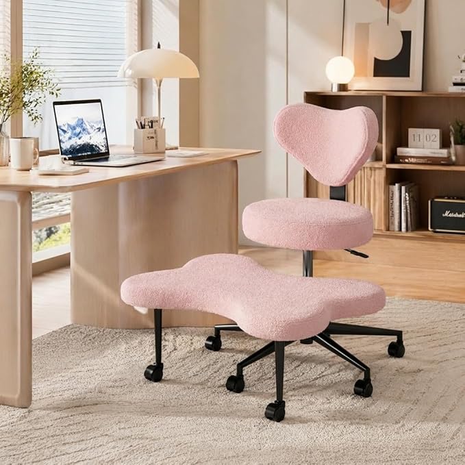 Pinmoco Pink Criss Cross Chair with Heart Shaped Backrest, 31.5" Cross Legged Office Chair with Teddy Fleece, Armless Swivel Desk Chair for Home Office, Vanity & Reading, Adjustable Height
