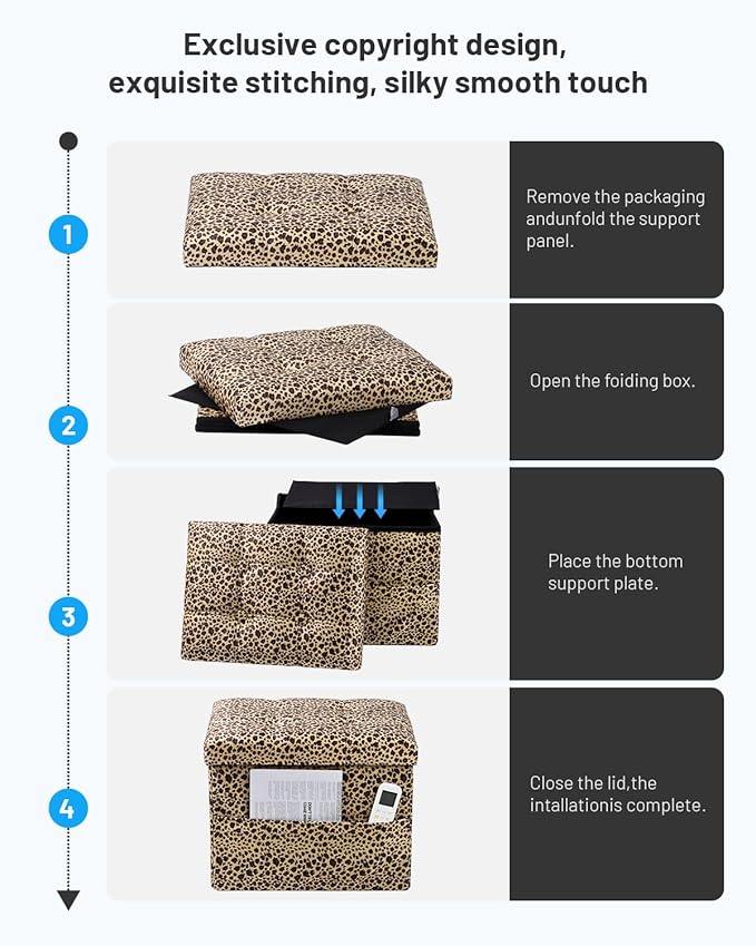 Bsketa Storage Ottoman Foot Rest Stool, Small Velvet Storage Ottomans Bench, Folding Footstool with Side Pockets, Foot Rest Under Desk for Living Room Bedroom, 17x13x13 in, Leopard Print 2 Pack