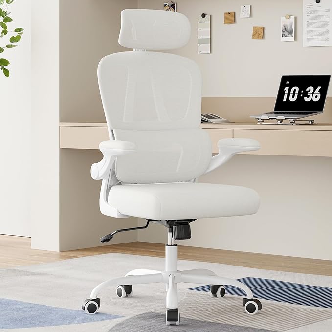 Breathable All-Mesh Ergonomic Chair with Headrest - High Back Desk Chair for Cool, Sweat-Free Work Sessions, Silent Casters Perfect for Bedroom Office (Beige)