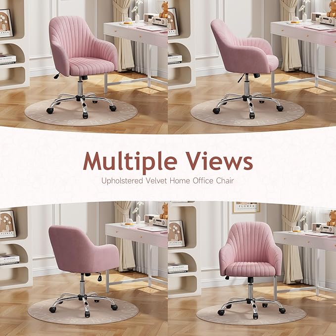 Warmiehomy Velvet Vanity Chair with Back, Desk Chair for Home Office, Comfy Cute Makeup Chair with Arm Rest for Bedroom, Office Furniture, Blush Pink