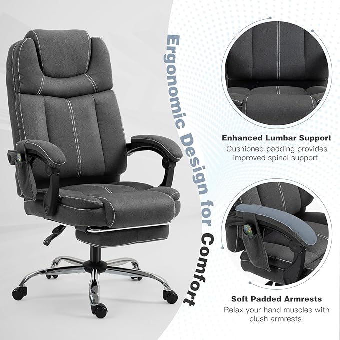 ECOTOUGE Massage Office Chair with Footrest, Ergonomic Adjustable Reclining Executive Home Desk Chair w/ 6 Vibration Points & Heat, Dark Grey