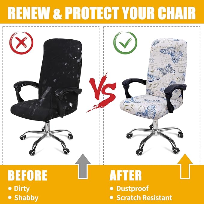 Smiry Stretch Printed Office Computer Chair Covers, Universal Desk Rotating Chair Slipcovers Removable Washable, Soft Fit Anti-Dust Spandex Protector Cover with Zipper, White