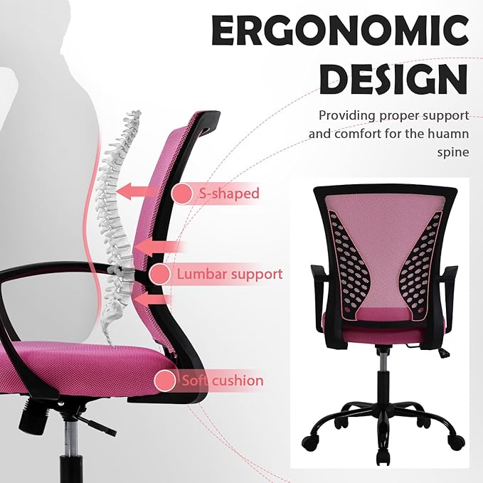Ergonomic Office Chair - Soft Mesh Computer Chair with Lumbar Support & Adjustable Arms, Modern Mid Back Swivel Chair for Home Office, Comfortable & Stylish for Women (Pink)