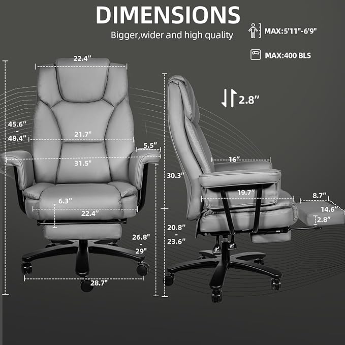 Reclining Office Chair with Footrest, Big and Tall Home Office Desk Chairs 400lbs with High Back, Criss Cross Wide Seat, Heavy Duty Base, Pu Leather, Grey