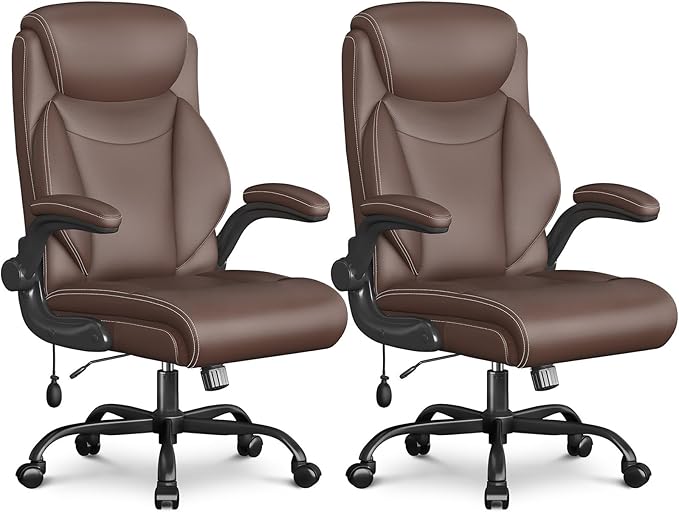 Ergonomic Office Chair, Home Desk Computer Chair, High Back Executive Chair- Padded Leather Comfy Chair with Adjustable Lumbar Support & Flip-Up Arms, Swivel Chair for Home Office,Brown 2 Pack