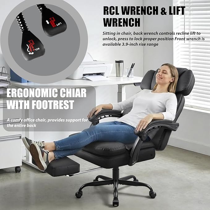 LEMBERI 400lbs Executive Office Chair with Foot Rest, Ergonomic Heavy Duty Big and Tall Desk Chair with Adjustable Headrest, High Back PU Leather Comfy Reclining Computer Chair