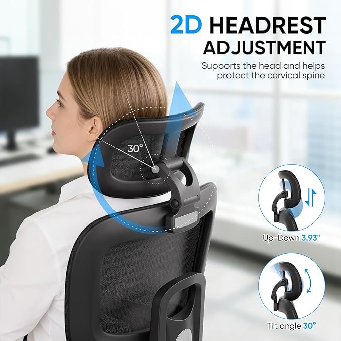 MoNiBloom Ergonomic Office Chair, High Back Mesh Desk Chair with Adjustable Headrest & 3D Armrests, Lumbar Support, 90–145° Recline, Height Adjustable Swivel Rolling Computer Chair for Office, Black