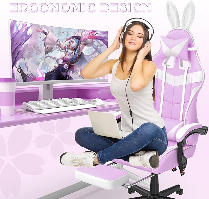 Soontrans Light Purple Gaming Chair with Footrest,Lovely Cute Bunny Computer Gamer Chair,Kawaii Desk Chair for Granddaughter,Sister,Girlfriend,Wife and Love