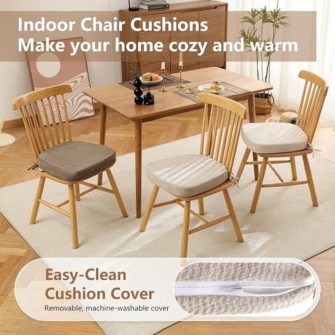 D-Shaped Chair Cushions for Dining Chairs, 2.5” Thick Chair Pads with Washable Comfortable Textured Cover, Non Slip Kitchen Chair Cushions with Ties, 16.5" x 16.5", 2 Pack, Beige