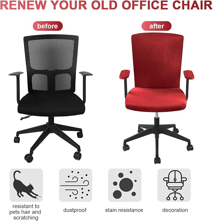 Tallew 4 Pcs Office Chair Covers Set Computer Universal Protective Stretchable Chair Seat Covers Desk Armrest Slipcovers Pads Office Cushion Backrest for Rotating(Claret)