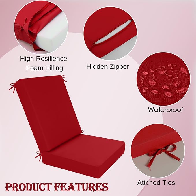 idee-home Outdoor Dining Chair Cushion, Patio Seat Cushion High Back Waterproof Seat Pads with Removable Cover, Indoor Chair Pads Deep, Red