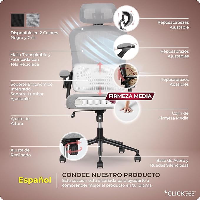 AeroCore M320 Ergonomic Office Chair, High Back Breathable Mesh Computer Chair with Lumbar Support, Adjustable Headrest & Tilt, Flip-Up Arms, 360° Swivel Home Office Desk Chair, Gray