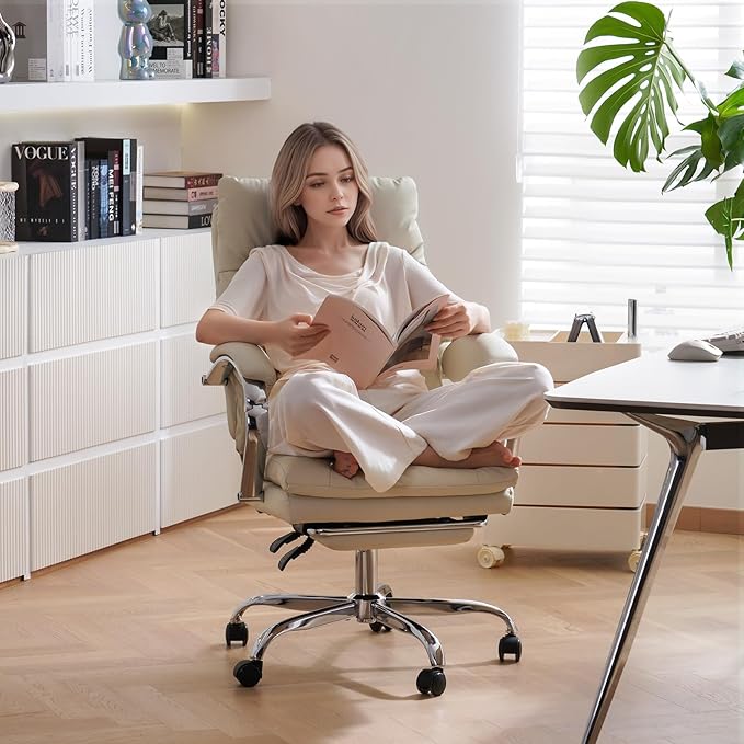 LEAGOO Office Chair with Footrest 155° Reclining Ergonomic High Back Desk Chair PU Leather Executive Computer Chair with Lumbar Support & Adjustable Arms Swivel Task Chair for Home Office, Cream White